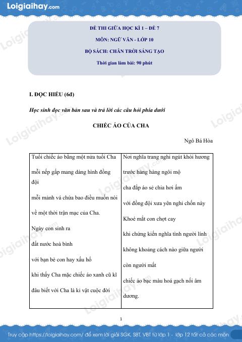 Đề thi giữa kì 2 Văn 10 Chân trời sáng tạo - Đề số 7